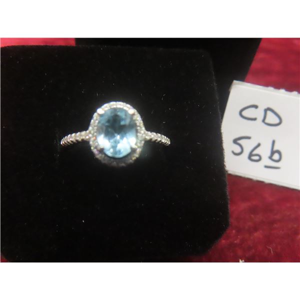 New Natural Swiss Blue Topaz 1.0ct Oval Cut Halo Ring – Resizable, 925 Sterling Silver w/ White