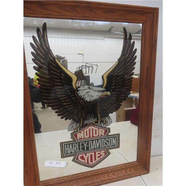 Wood-Framed Harley-Davidson Mirror 25" × 19" and New Oil Can Tin Tray Gift Set
