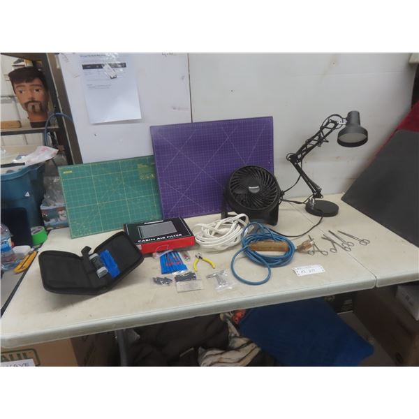 Cabin Air Filter, 2 Extension Cords, Honeywell Fan, Precision Tools, Scissors, Swing Arm Desk Lamp,