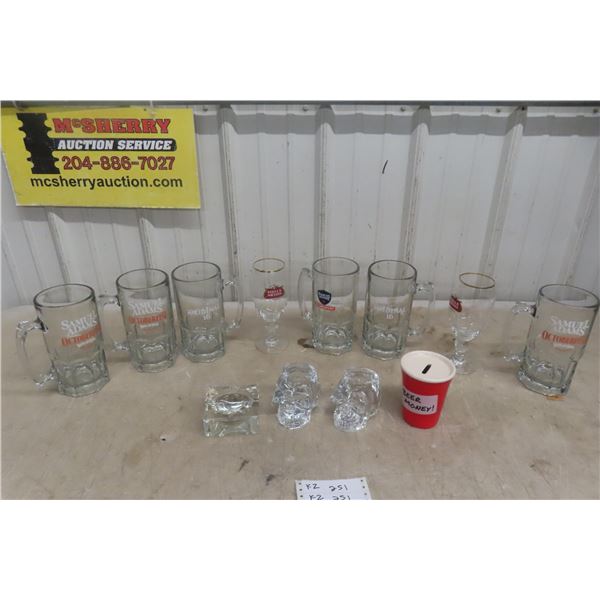 Beer Mugs, Ashtray, Skull Vase, and Glasses