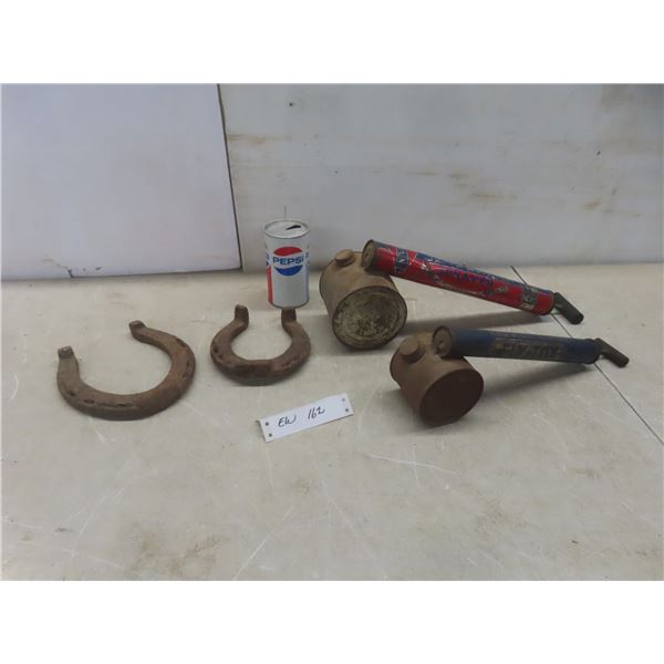 2 Vintage Metal Bug Sprayers, 2 Lucky Horseshoes, and Metal Pepsi Can