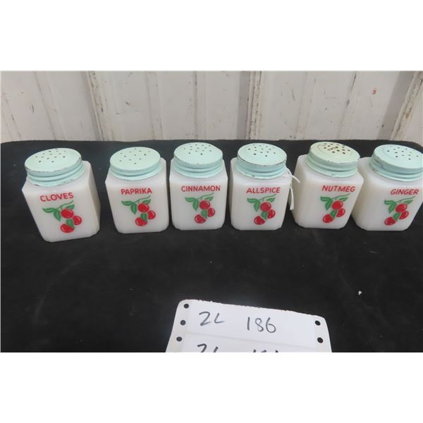 6 McKee Tipp City Milk Glass Spice Shakers – Cherry Design, Green, Made in 1930s–1950s