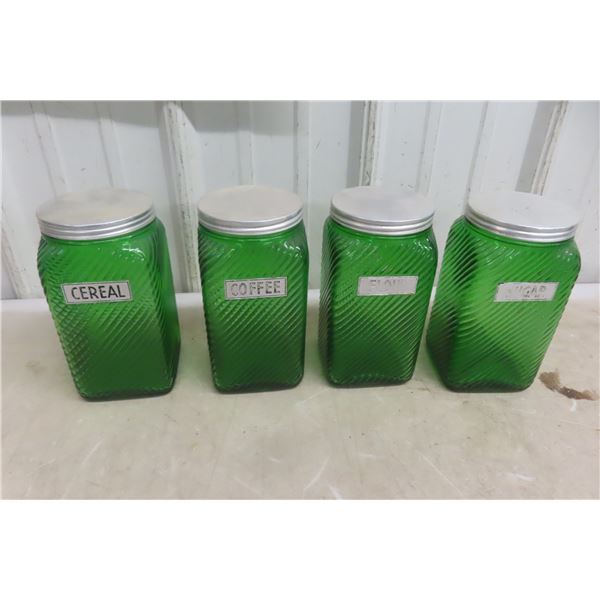 4 Vintage Forest Green Swirl Glass Canisters – 7" Tall