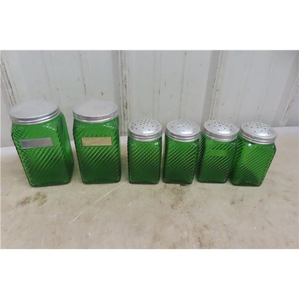 6 Forest Green Swirl Glass Canisters – 2x 5½" Tall, 4x 4½" Tall