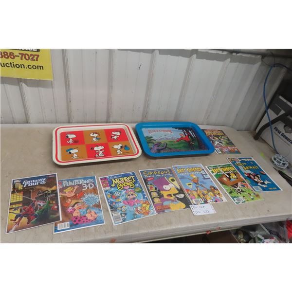 8 Comics – Muppet Babies, Simpsons, Plus 2 Metal Trays – 1958 Snoopy and 1979 Flas