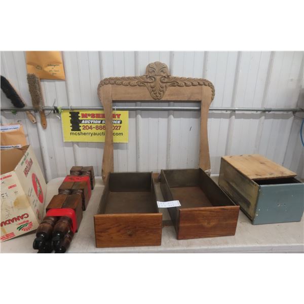3 Kitchen Hoosier Cabinet Drawers, Mirror Frame, and 4 Table Legs