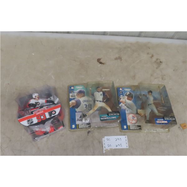 Hockey Figure Unracer and 2 Baseball McFarlane Figures – All in Packages, RCM Book Shelf 26" × 15"