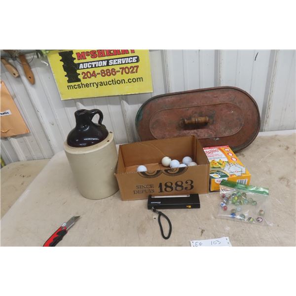 Stoneware Jug, Golf Balls & Tees, Marbles, Eggies & Copper Lid