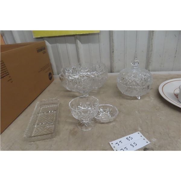 Large Footed Crystal Bowl with Cover, Candy Dish, and Pinwheel Glass