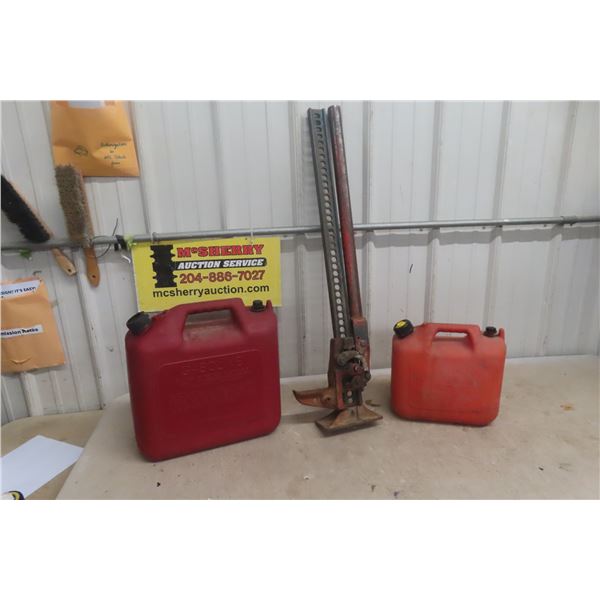 2 Gas cans and 36" Farm Jack