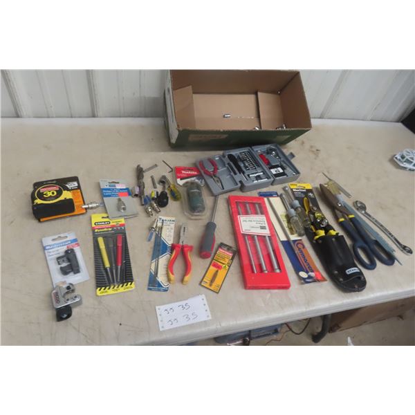 Tin Snips, Sockets, Extension Bar Set, Driver Bits, Screwdrivers, Punch, and Tape Measure – Most New