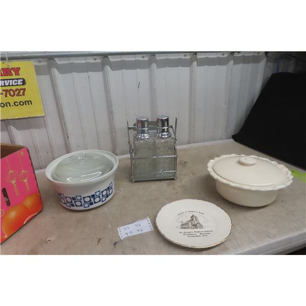 Decanters, Cook and Serve Casserole Dish with Lid, and Souvenir Plate