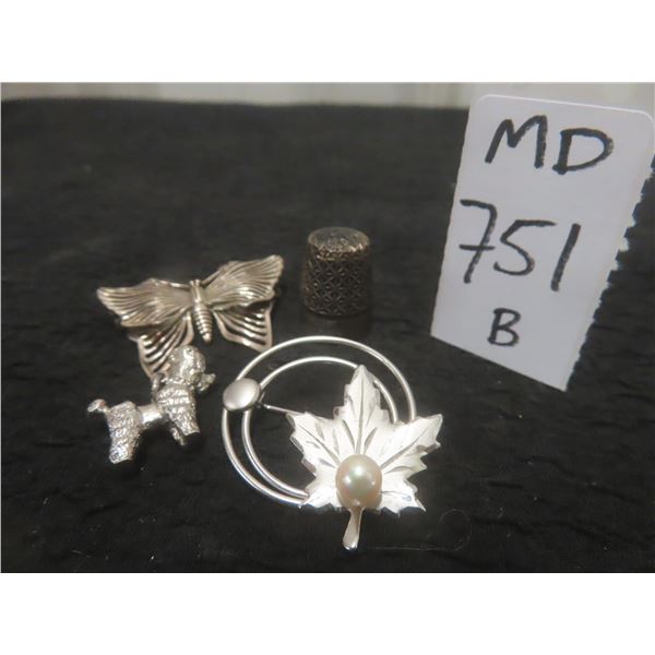 Sterling Silver Maple Leaf, Butterfly Pins, Thimble, Chain, and Brooch