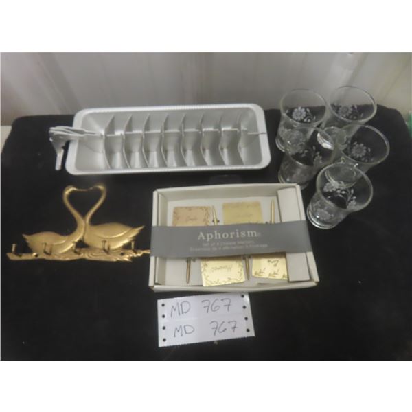 Brass key holder, cheese picks, vintage ice cube tray, and 5 vintage glasses