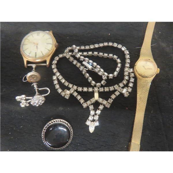 Vintage Necklace Marked Belle with Broken Clasp, Gladstone Watch, and Riam Watch