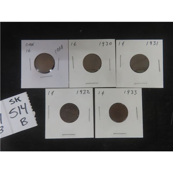 5 Vintage Canada Small Pennies, 1929–1933