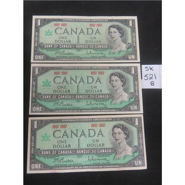 3 1967 Canada $1 Bills