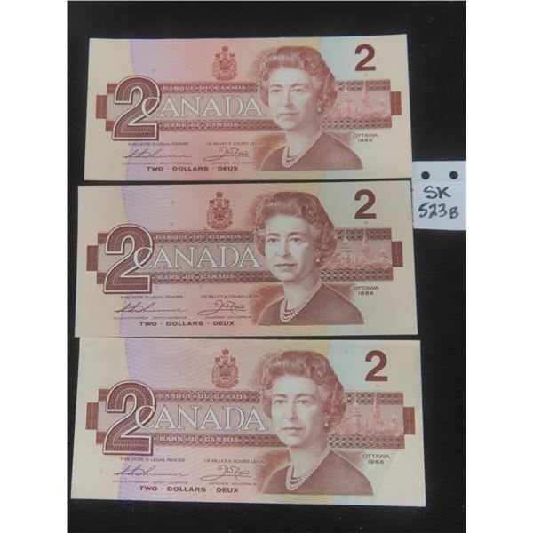 3 1986 Canada $2 Bills