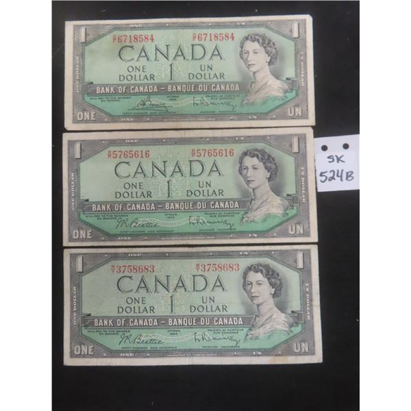 3 1954 Canada $1 Bills