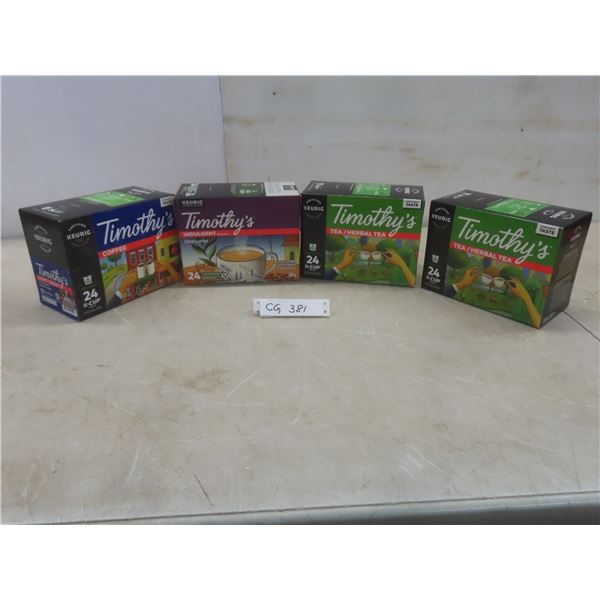 4 Boxes Timothy's Coffee/Tea Keurig K Cups (96)