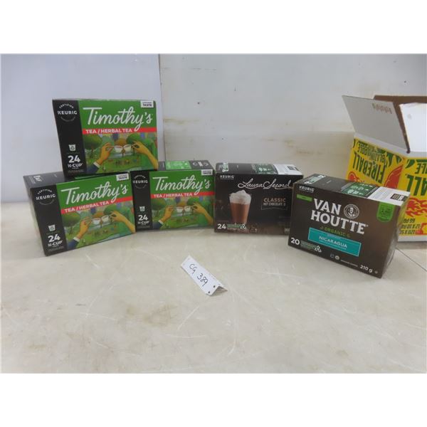 5 Boxes Keurig K Cups: Laura Secord Hot Chocolate, Timothy's Tea, Van Houtte Coffee (116)