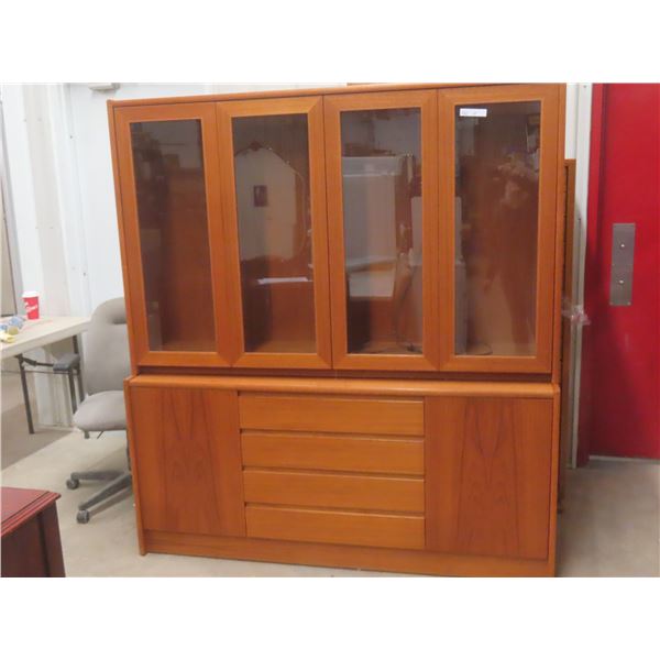 2-Piece Teak Buffet: Lighted Display Cabinet atop Credenza with 4 Glass Shelves – 71½" W × 65" H,