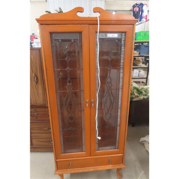 Lighted Display Cabinet with Leaded Glass Doors and Glass Shelves – 73" × 31" × 12"