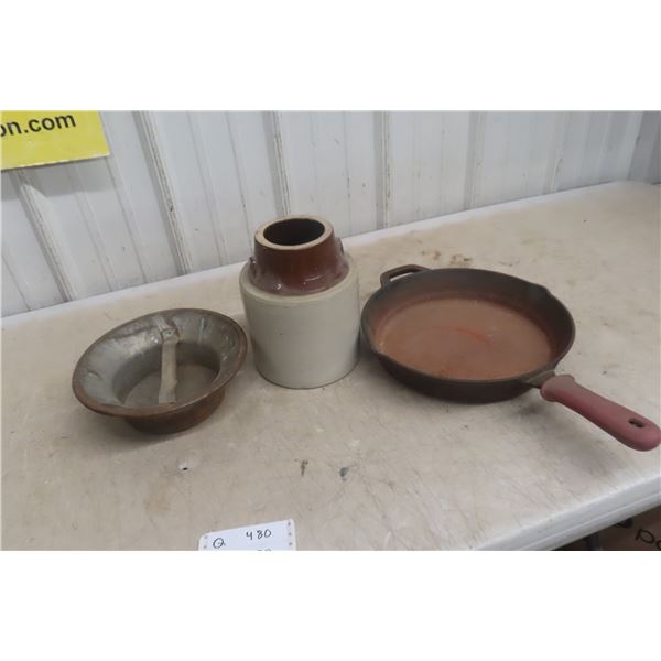 Stoneware Pickle Crock, Frying Pan and Cream Can Lid