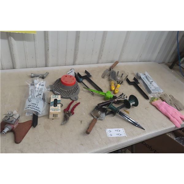 Yard and Flower Bed Tools, Sprinkler and Gloves