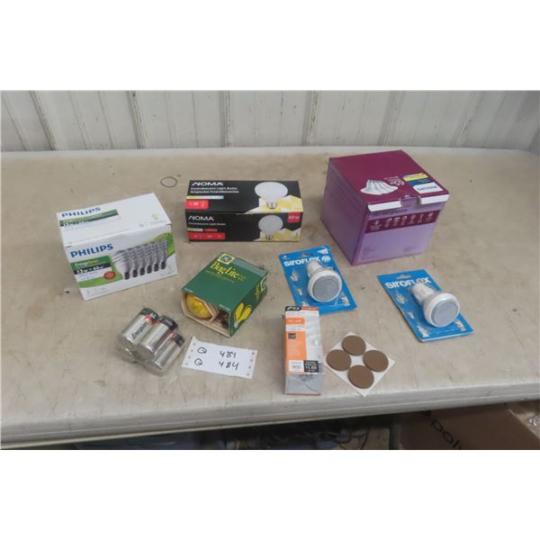 Light Bulbs, Shower Head, Furniture Socks, 4-Pack Envelopes, Batteries Size D