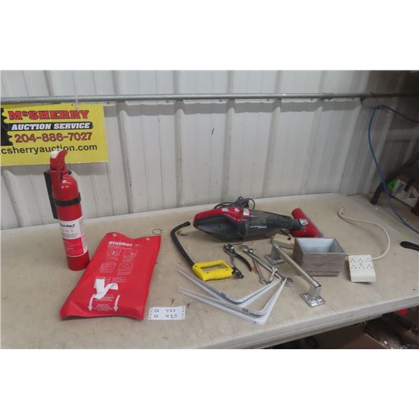 Fire Blanket, Fire Extinguisher, Hand Tools and Dirt Devil Vacuum