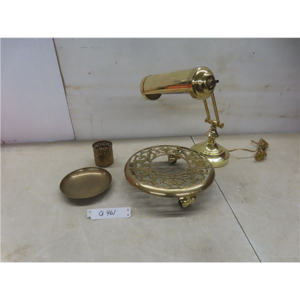 Brass Banker's Desk Lamp, Rolling Plant Stand, Pen Holder, and Change Bowl