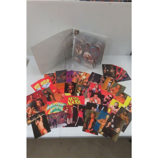 Vintage AWA Wrestling Badges Lot and WCN/NWO 1998 Panini Postcards