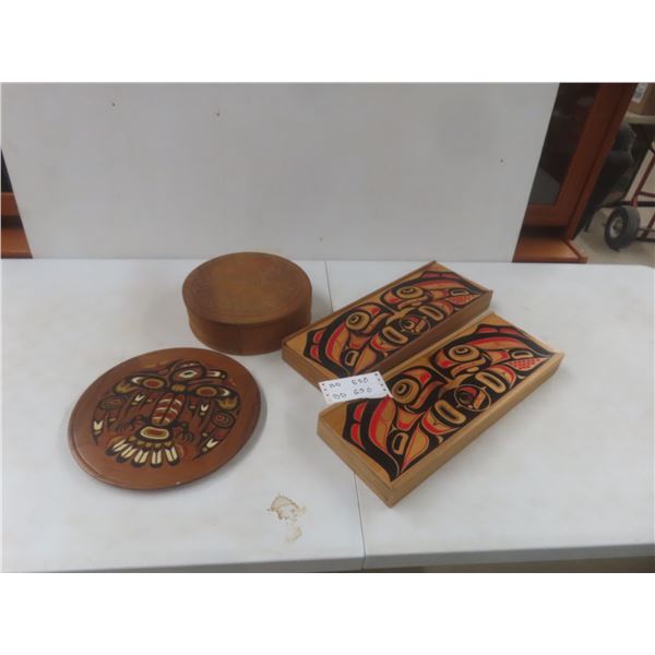 Vintage First Nations Haida Lot: Clarance Wells Carved Lid Round Box, 2 Painted Salmon Boxes, and 1