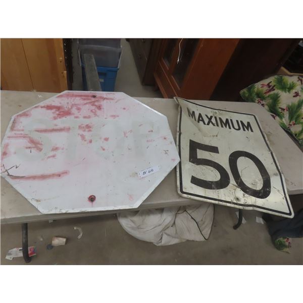 Weathered Metal Street Signs – Qty 2: STOP (30×30) and Maximum 50 (30×24)