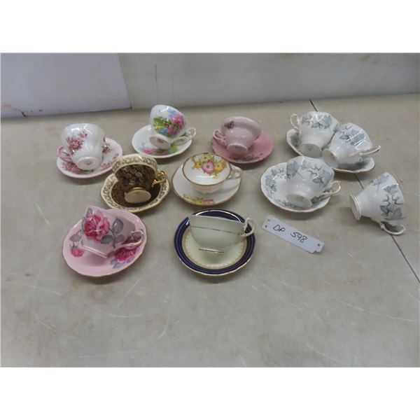 China Cups and Saucers: Royal Albert, Coldough, Queen Anne, Shafford, and Aynsley