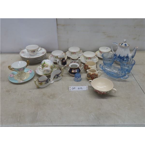 China Tea Cups, Saucers, B&B Plates, Hand-Decorated Russian Tea Pot, Creamer, Sugar Bowl, and