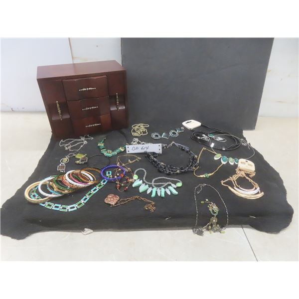 Wooden Jewelry Box with Fashion Jewelry: Bangles, Necklaces, and Bracelets