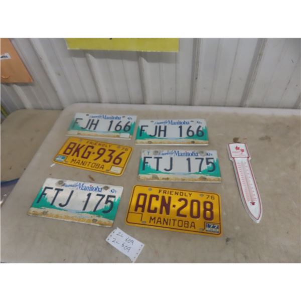 6x Manitoba License Plates and United Agri Metal Thermometer