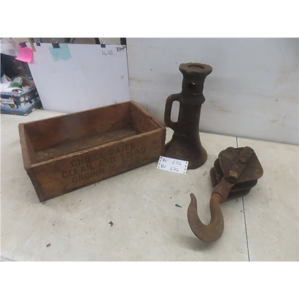 Screw-Style Antique Building Jack with Fruit Crate and Pulley Hook