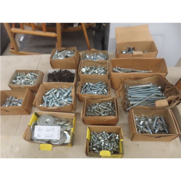 Hardware Lot – Bolts, Nuts, and Washers (Mostly Galvanized) – Qty 15 Boxes