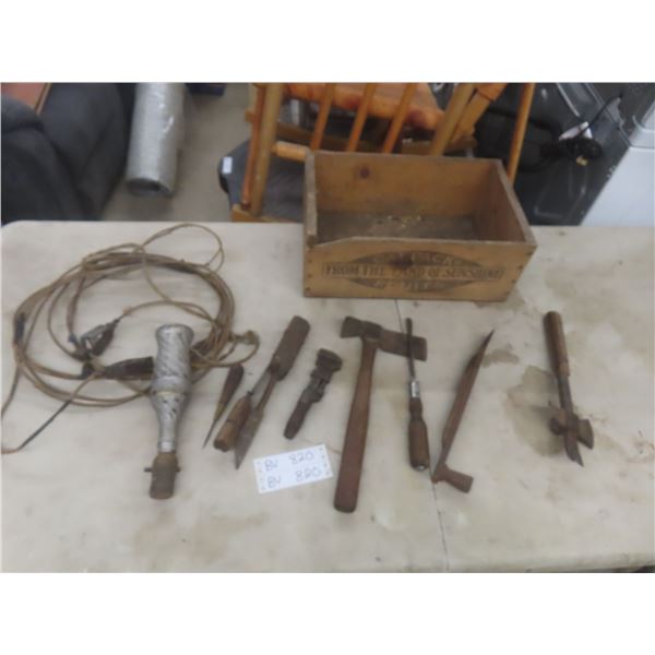 Antique Trouble Light, Fruit Crate, Hatchets, and More