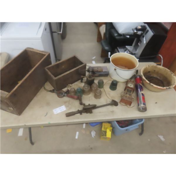 Insulators, Vintage Blowtorch, Enamelware, Press Drill, and Crates – Qty 2 Crates