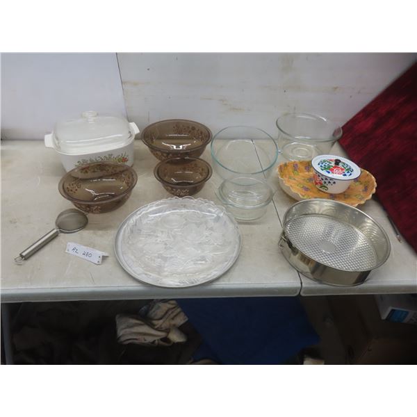 3-Piece Pyrex Mixing Bowl Set, Corning Ware Baking Dish, Plastic Serving Plates, and More
