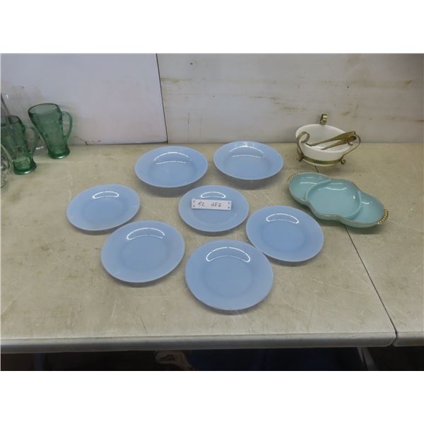 Fire King Divided Relish Dish, Vintage Milk Glass Bowl in Decorative Metal Stand and More