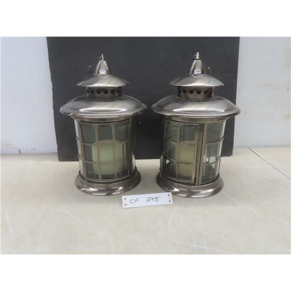 Stainless Hook Lanterns with Candles, 12" High – Qty 2