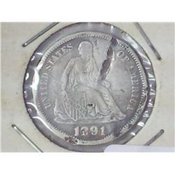 1891 Seated Liberty Dime (Damaged)