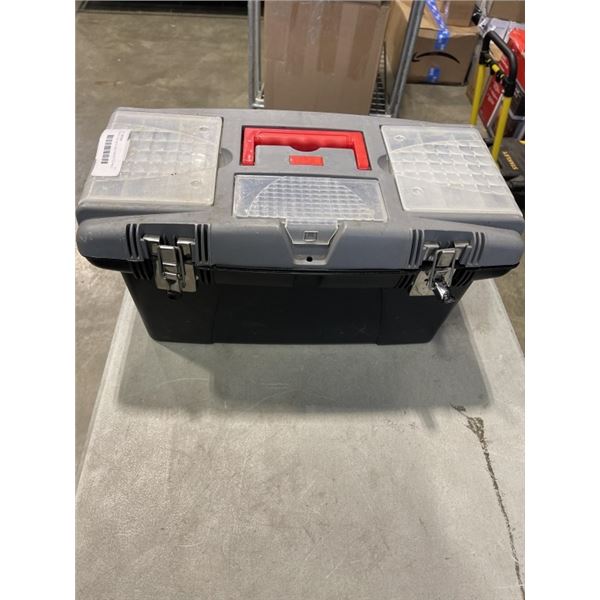 PLASTIC TOOL BOX AND ASSORTED HAND TOOLS