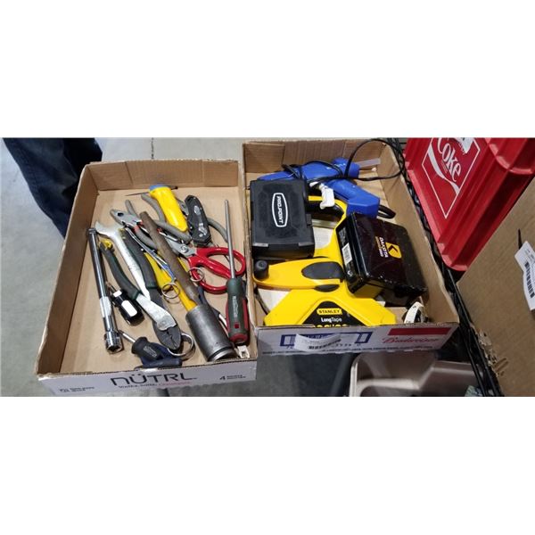2 TRAYS OF ASSORTED TOOLS, STANLEY LONG TAPE ETC