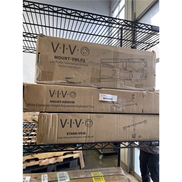 LOT OF VIVO LOW PROFILEULTRAWIDE MONITOR WALL MOUNT WITH DUAL ULTRA WIDE MONITOR DESK MOUNT AND WHIT